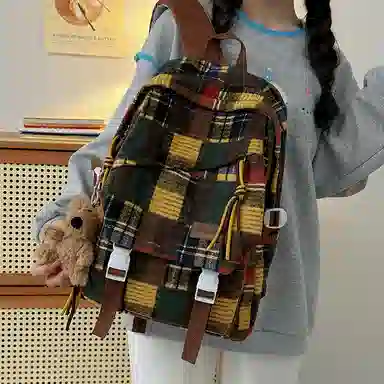 醇龙 复古格子高中大学生百搭休闲旅游 尼龙 双肩包 男女同款情侣款 红色/黄色/绿色