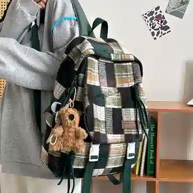 醇龙 复古格子高中大学生百搭休闲旅游 尼龙 双肩包 男女同款情侣款 红色/黄色/绿色