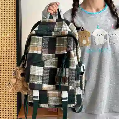 醇龙 复古格子高中大学生百搭休闲旅游 尼龙 双肩包 男女同款情侣款 红色/黄色/绿色