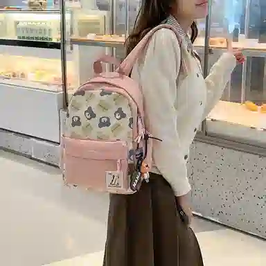 醇龙 小熊卡通校园背包大容量学生书包 尼龙 双肩包 男女同款情侣款 黑色/红色/棕色/粉色/卡其色