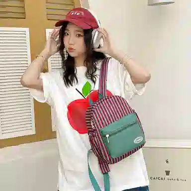 醇龙 拉链开合大容量 尼龙 女款 双肩包 红绿色