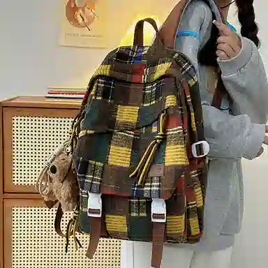 醇龙 复古格子高中大学生百搭休闲旅游 尼龙 双肩包 男女同款情侣款 红色/黄色/绿色