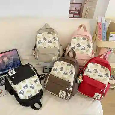 醇龙 小熊卡通校园背包大容量学生书包 尼龙 双肩包 男女同款情侣款 黑色/红色/棕色/粉色/卡其色