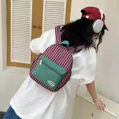 醇龙 拉链开合大容量 尼龙 女款 双肩包 红绿色