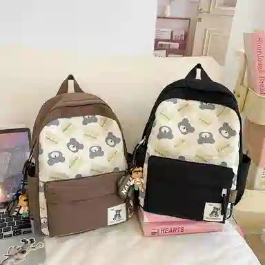 醇龙 小熊卡通校园背包大容量学生书包 尼龙 双肩包 男女同款情侣款 黑色/红色/棕色/粉色/卡其色