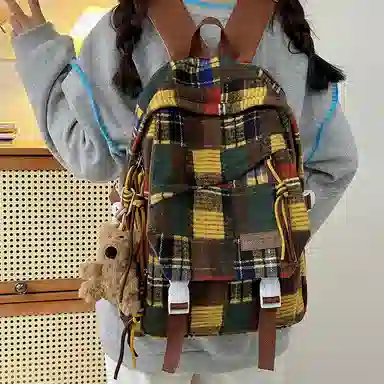 醇龙 复古格子高中大学生百搭休闲旅游 尼龙 双肩包 男女同款情侣款 红色/黄色/绿色