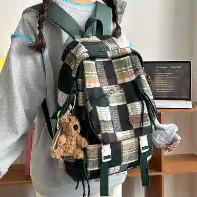 醇龙 复古格子高中大学生百搭休闲旅游 尼龙 双肩包 男女同款情侣款 红色/黄色/绿色