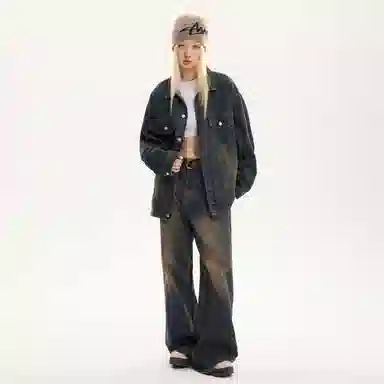 桴生 潮牌美式经典高街复古水洗做旧拼接翻领无性别主义百搭宽松长袖单排扣牛仔外套 女款
