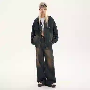 桴生 潮牌美式经典高街复古水洗做旧拼接翻领无性别主义百搭宽松长袖单排扣牛仔外套 女款
