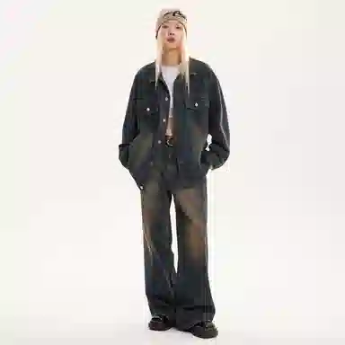 桴生 潮牌美式经典高街复古水洗做旧拼接翻领无性别主义百搭宽松长袖单排扣牛仔外套 女款