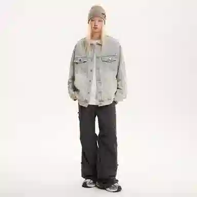 桴生 潮牌美式经典高街复古水洗做旧拼接翻领无性别主义百搭宽松长袖单排扣牛仔外套 女款