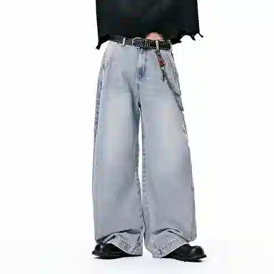 膨胀潮牌 弯刀中腰舒适时尚百搭宽松牛仔裤 男女同款