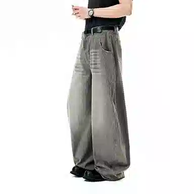 膨胀潮牌 弯刀中腰舒适时尚百搭宽松牛仔裤 男女同款