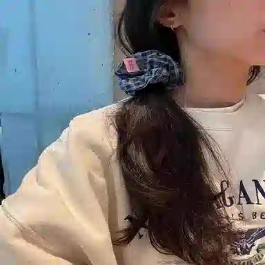 如花梦 藏青色格子方巾大肠发圈韩系高级感大号低马尾 布艺 头绳 女款