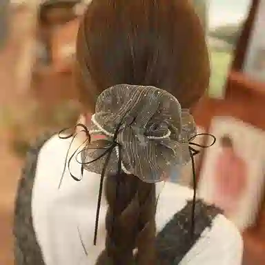 如花梦 法式欧根纱闪钻蝴蝶结飘带大肠发圈珍珠缠绕丸子头 网纱 头绳 女款