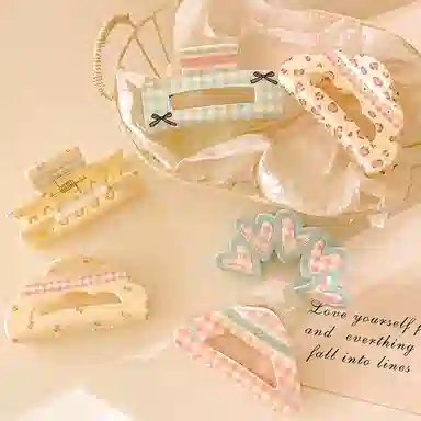 如花梦 奶油少女系列 碎花格纹甜美蝴蝶结发饰抓夹后脑勺鲨鱼夹 醋酸 发夹 女款 多款可选