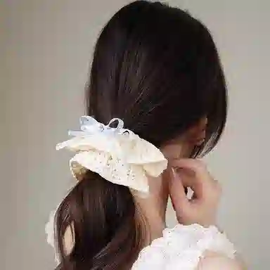 如花梦 韩系蝴蝶结米色蕾丝高级感慵懒风 布艺 发圈 女款