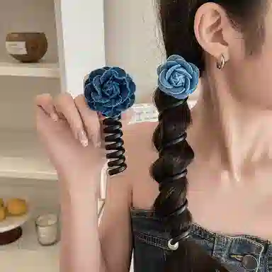 如花梦 精致牛仔花朵电话线网红气质高级感头花皮筋皮筋头饰 布艺 发圈 女款