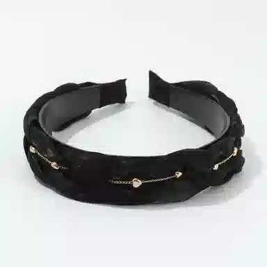 如花梦 黑色麻花绢纱发卡防滑带齿金珠链条高颅顶头箍 布艺 发箍 女款