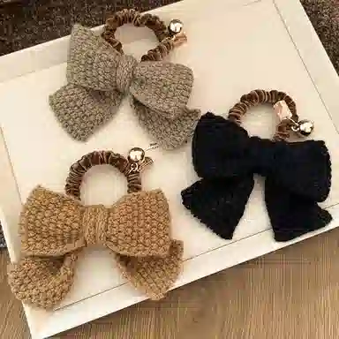 如花梦 甜美大蝴蝶结毛绒气质发夹毛线后脑勺发饰 针织 发圈 女款
