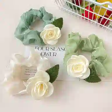 如花梦 森系浪漫山茶花甜美超仙花朵薄荷绿大肠小清新扎头发 布艺 发圈 女款