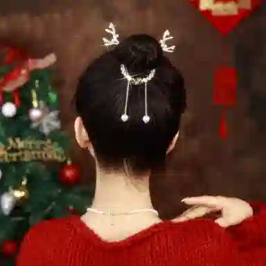 如花梦 甜美轻奢满钻流苏圣诞节鹿角发扣 日常盘发扎丸子头固定神器 后脑勺马尾扣发饰 女款