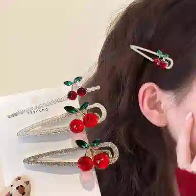 如花梦 可爱樱桃刘海夹少女侧边顶夹鸭嘴夹 合金 发夹 女款