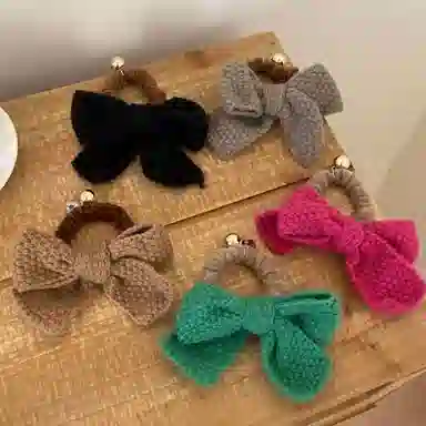 如花梦 甜美大蝴蝶结毛绒气质发夹毛线后脑勺发饰 针织 发圈 女款