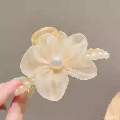如花梦 欧根纱花朵珍珠女高端发卡后脑勺发抓夹 亚克力 发夹 女款