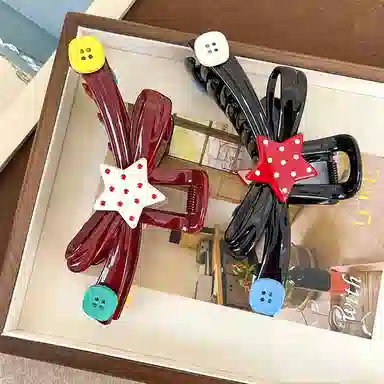 如花梦 可爱万岁 趣味撞色波点星星纽扣蝴蝶结盘发鲨鱼夹#好运 亚克力 发夹 女款