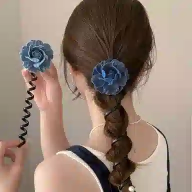 如花梦 精致牛仔花朵电话线网红气质高级感头花皮筋皮筋头饰 布艺 发圈 女款