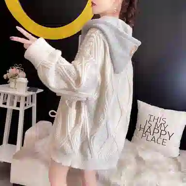 桴生 连帽外套加厚宽松麻花女假两件秋冬开衫中长款慵懒风针织衫 女款