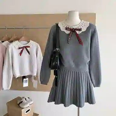 桴生 甜美减龄蝴蝶结娃娃领学院风两件套上衣裙子裙装套装 女款