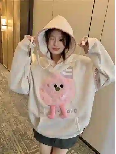 桴生 卡通设计感连帽女趣味玩偶复古套头宽松薄款上衣卫衣 女款