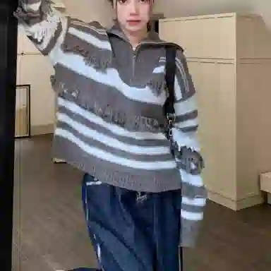 桴生 衫设计感小众毛边女长袖条纹别致秋冬甜辣妹上衣流苏针织衫 女款