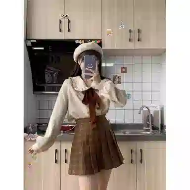 桴生 港风女秋冬短款针织衫毛衣外套娃娃领衬衫两件套甜美裙装套装 女款