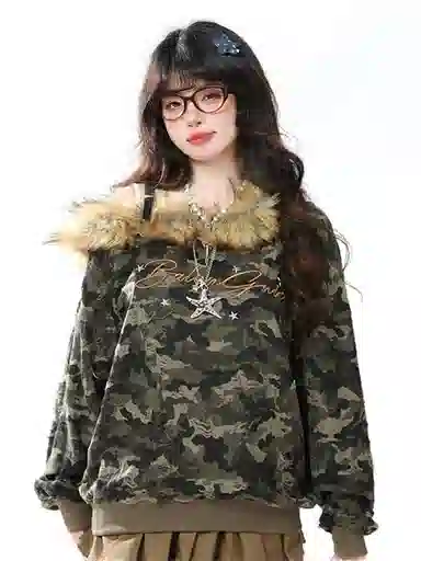 桴生 美式复古斜肩迷彩女秋冬季设计感毛领露肩显瘦上衣潮卫衣 女款
