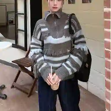 桴生 衫设计感小众毛边女长袖条纹别致秋冬甜辣妹上衣流苏针织衫 女款