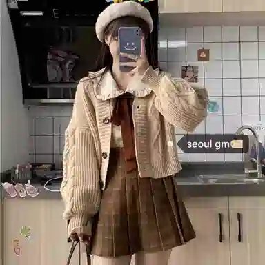 桴生 港风女秋冬短款针织衫毛衣外套娃娃领衬衫两件套甜美裙装套装 女款
