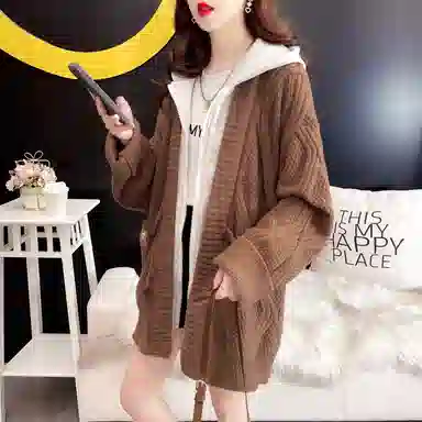 桴生 连帽外套加厚宽松麻花女假两件秋冬开衫中长款慵懒风针织衫 女款