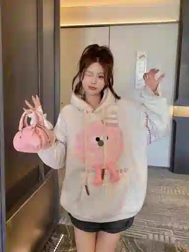 桴生 卡通设计感连帽女趣味玩偶复古套头宽松薄款上衣卫衣 女款
