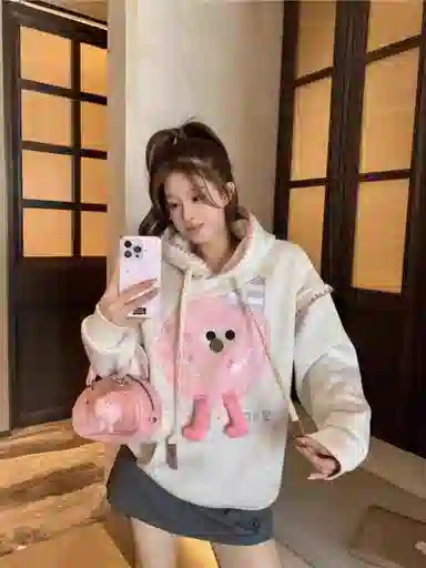 桴生 卡通设计感连帽女趣味玩偶复古套头宽松薄款上衣卫衣 女款