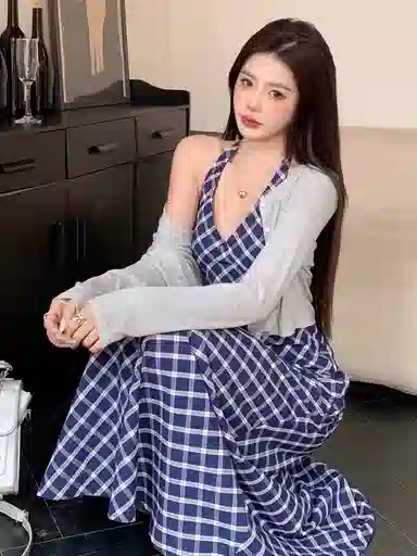 桴生 格纹挂脖裙女慵懒风薄款防晒开衫弹力收腰连衣裙裙装套装 女款