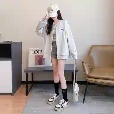 桴生 美式复古爱心刺绣棒球服开衫女春秋薄款宽松慵懒学生运动休闲外套卫衣 女款