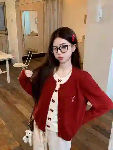 桴生 复古假两件女秋冬季软糯蝴蝶结开衫外套针织衫 女款