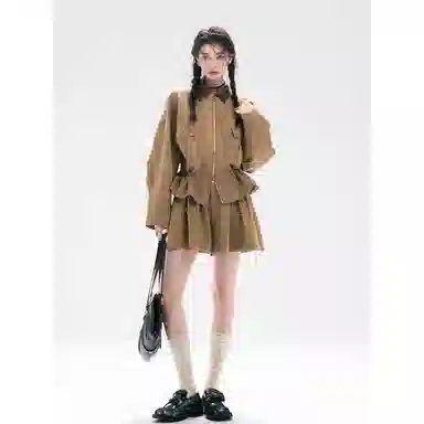 桴生  巴恩风 橡木榛果 蝙蝠袖收腰廓形夹克百搭两件套裙装套装 女款
