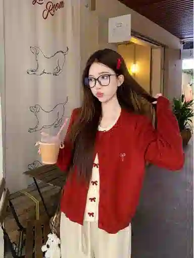 桴生 复古假两件女秋冬季软糯蝴蝶结开衫外套针织衫 女款