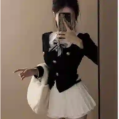 桴生 小香风两件套甜美风假两件衬衫修身上衣加高腰百褶裙裙装套装 女款
