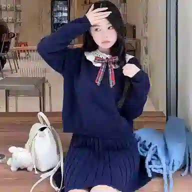 桴生 甜美减龄蝴蝶结娃娃领学院风两件套上衣裙子裙装套装 女款
