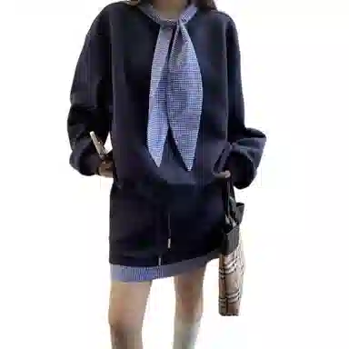 桴生 休闲风时尚简约格子系带拼接卫衣抽绳高腰包臀半身短裙两件套裙装套装 女款